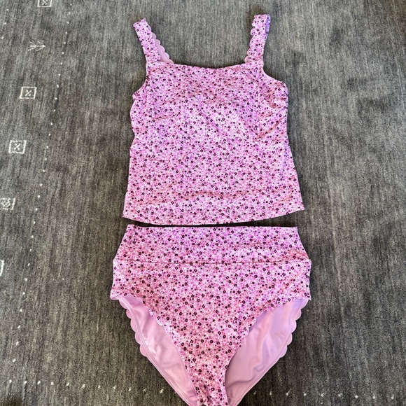 Land's End Swimsuit Set Tugless Tankini Scallop Trim  high waisted bottoms - Picture 3 of 12